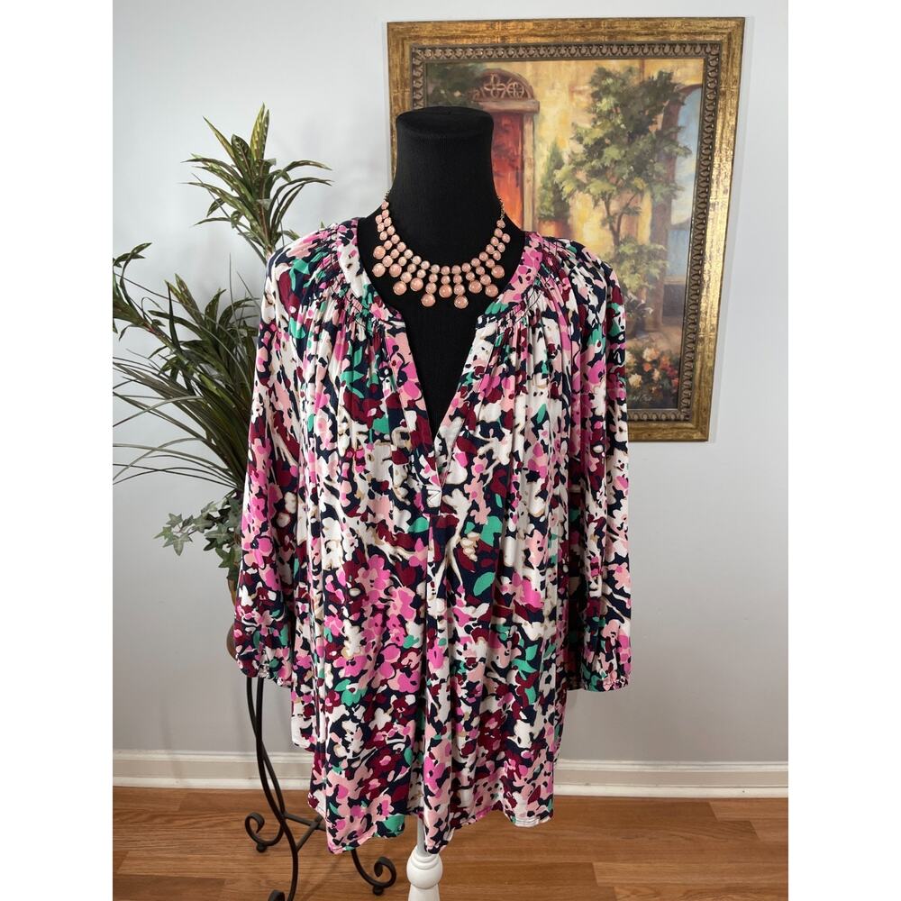 Crown & Ivy Blouse Womens 1X Multi‎ Abstract Pleated Bohemian Artsy Romantic
